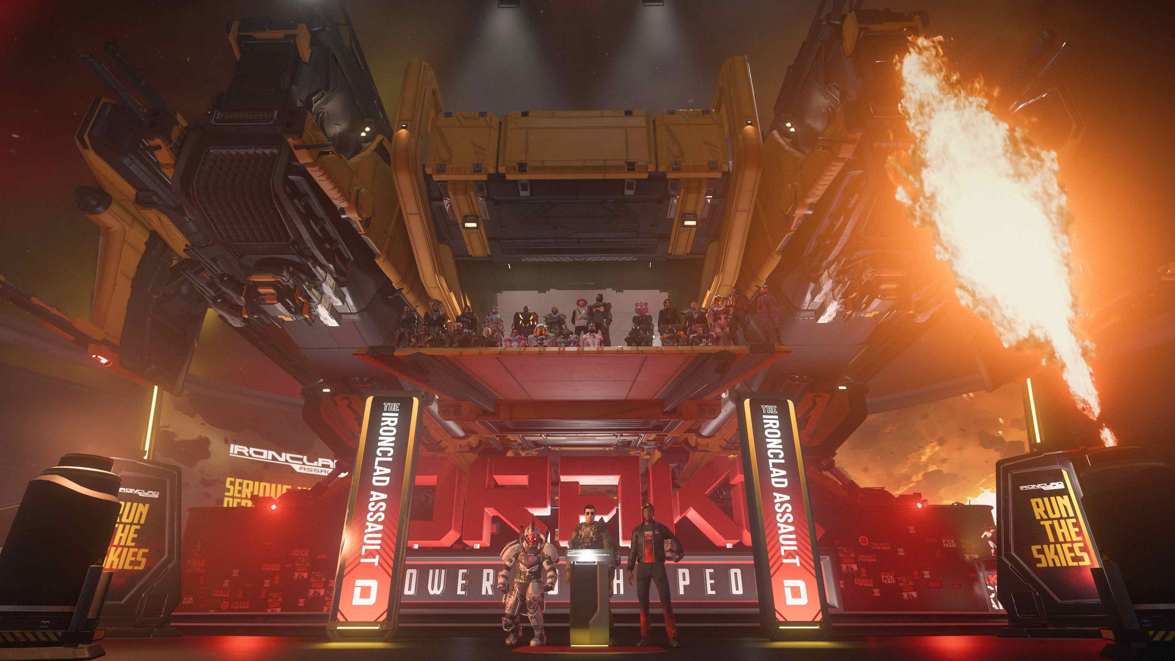 Ironclad Assault 主舞台，玩家们站在悬吊运输舰上方的平台，右侧火柱喷发