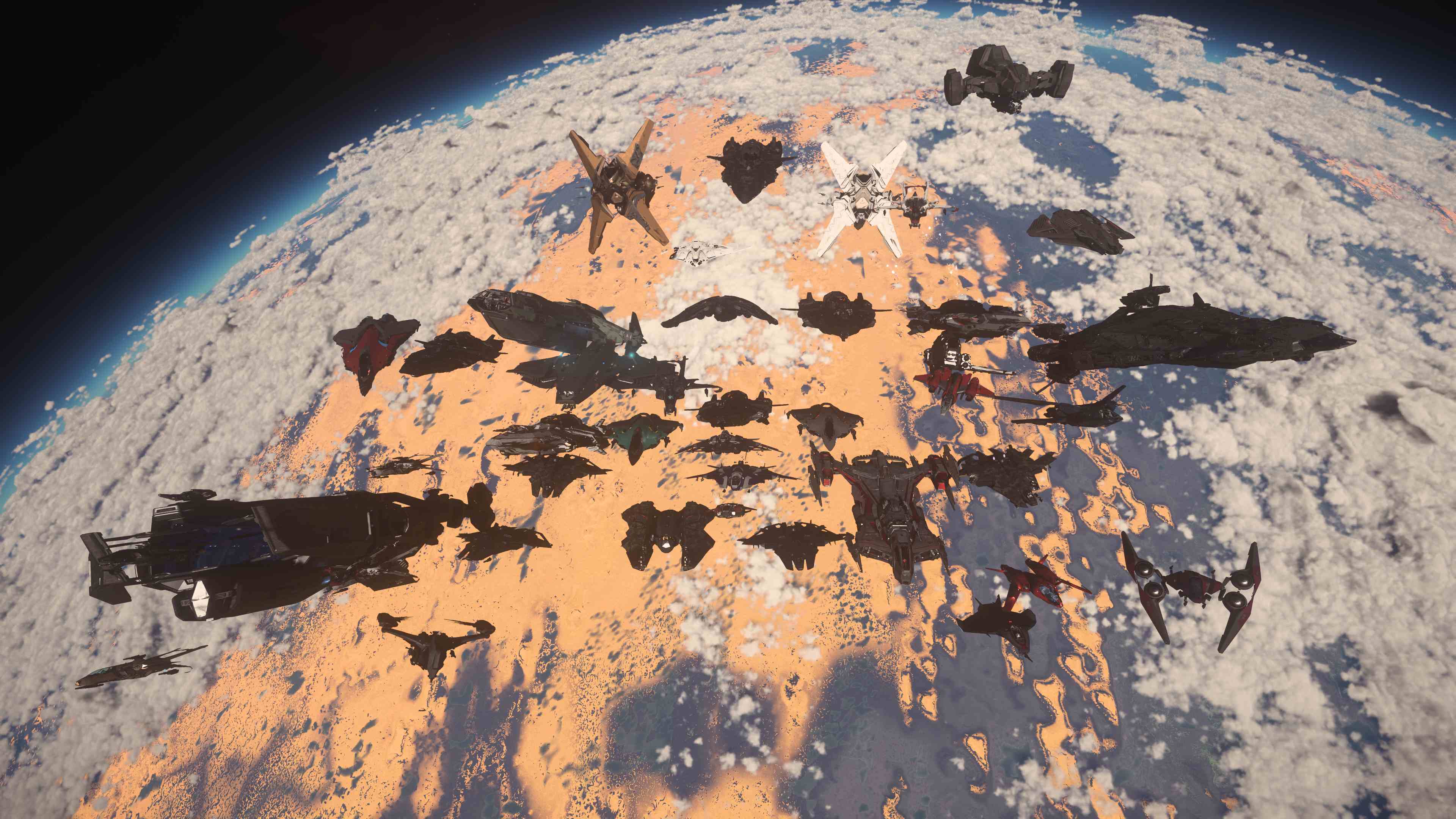 数十艘飞船在橙色行星上空排成密集编队